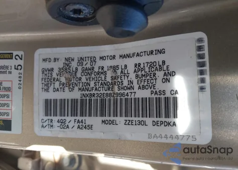 2008 Toyota Corolla Ce z USA, uszkodzony, nr VIN 1NXBR32E88Z996477